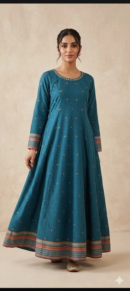 Ethnic Style Long Length Anarkali Printed Frock And Bottom